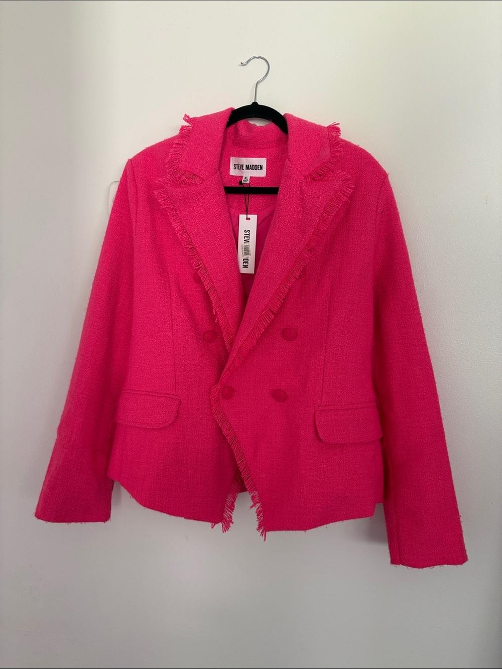 Steve Madden Naomi Women’s Hot Pink Frayed Edge Double-Breasted Blazer